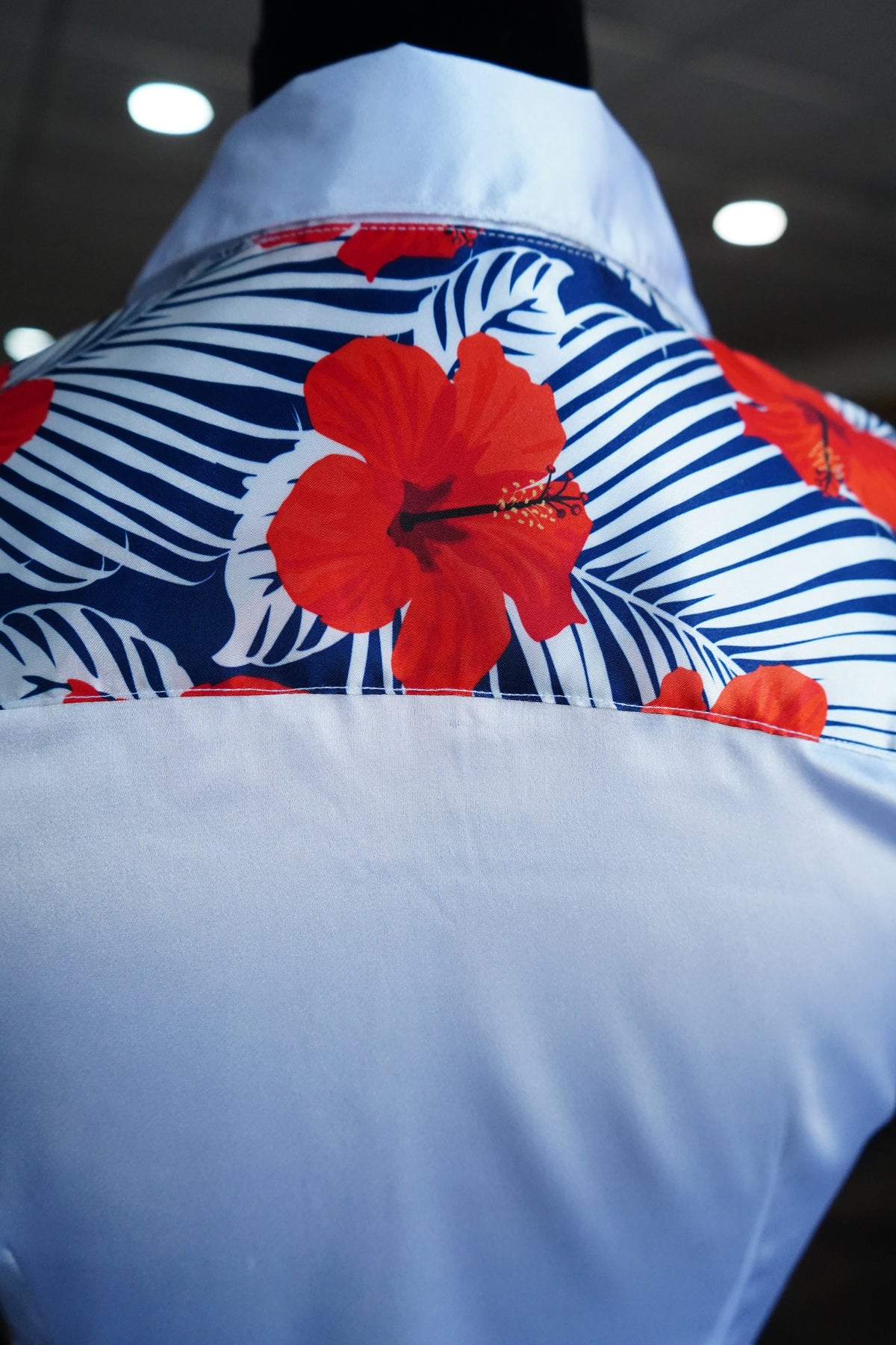 S - Patriotic Hibiscus Floral on White Satin Button Down