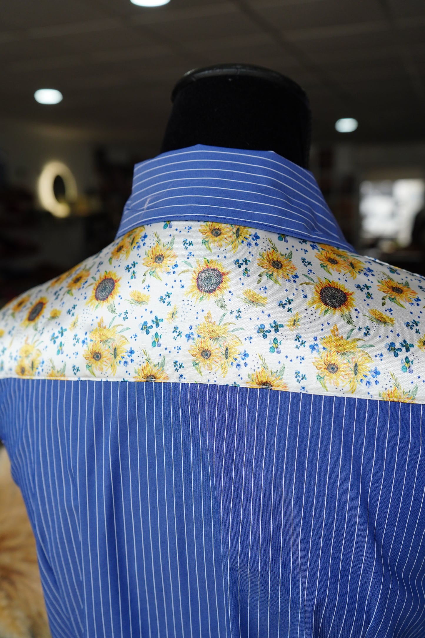Mini Original Sunflowers on Denim & White Striped Cotton Button Downs
