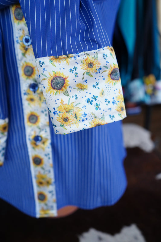 S - Mini Sunflowers on Denim Stripe Cotton Button Down