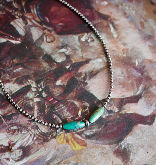 Sterling Silver Pearls w/ 2 Stone Turquoise Barrel Beads Necklace - 15”