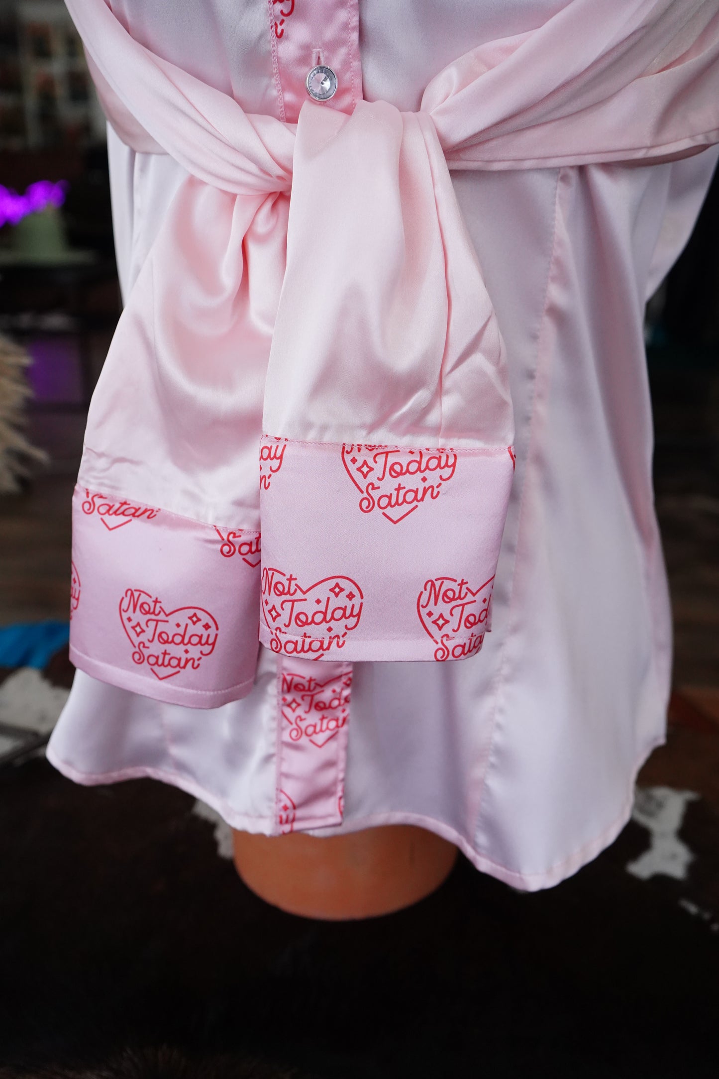 L - Not Today Satan on Light Pink Satin Button Down