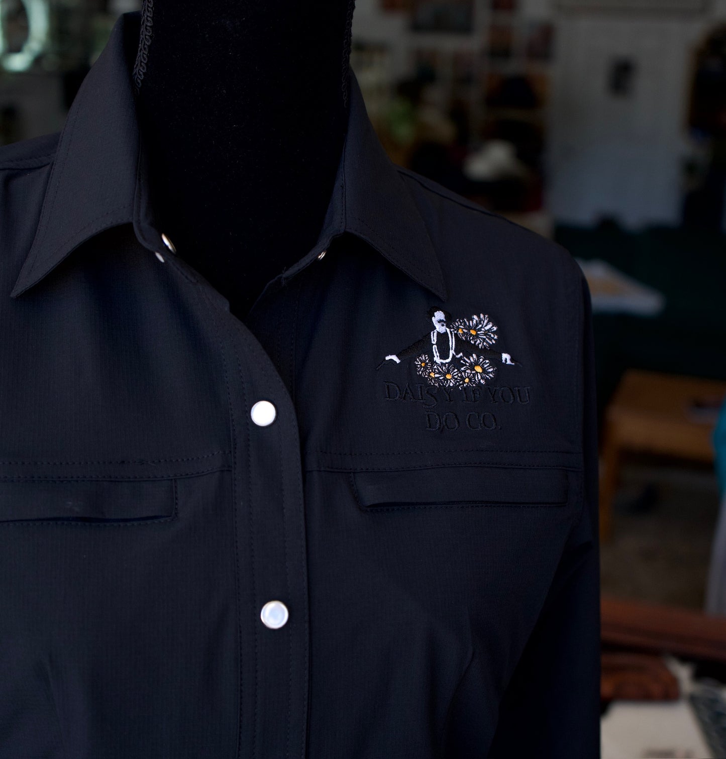 Daisy Gang Fishing Shirt Pearl Snaps - Black Long Sleeves