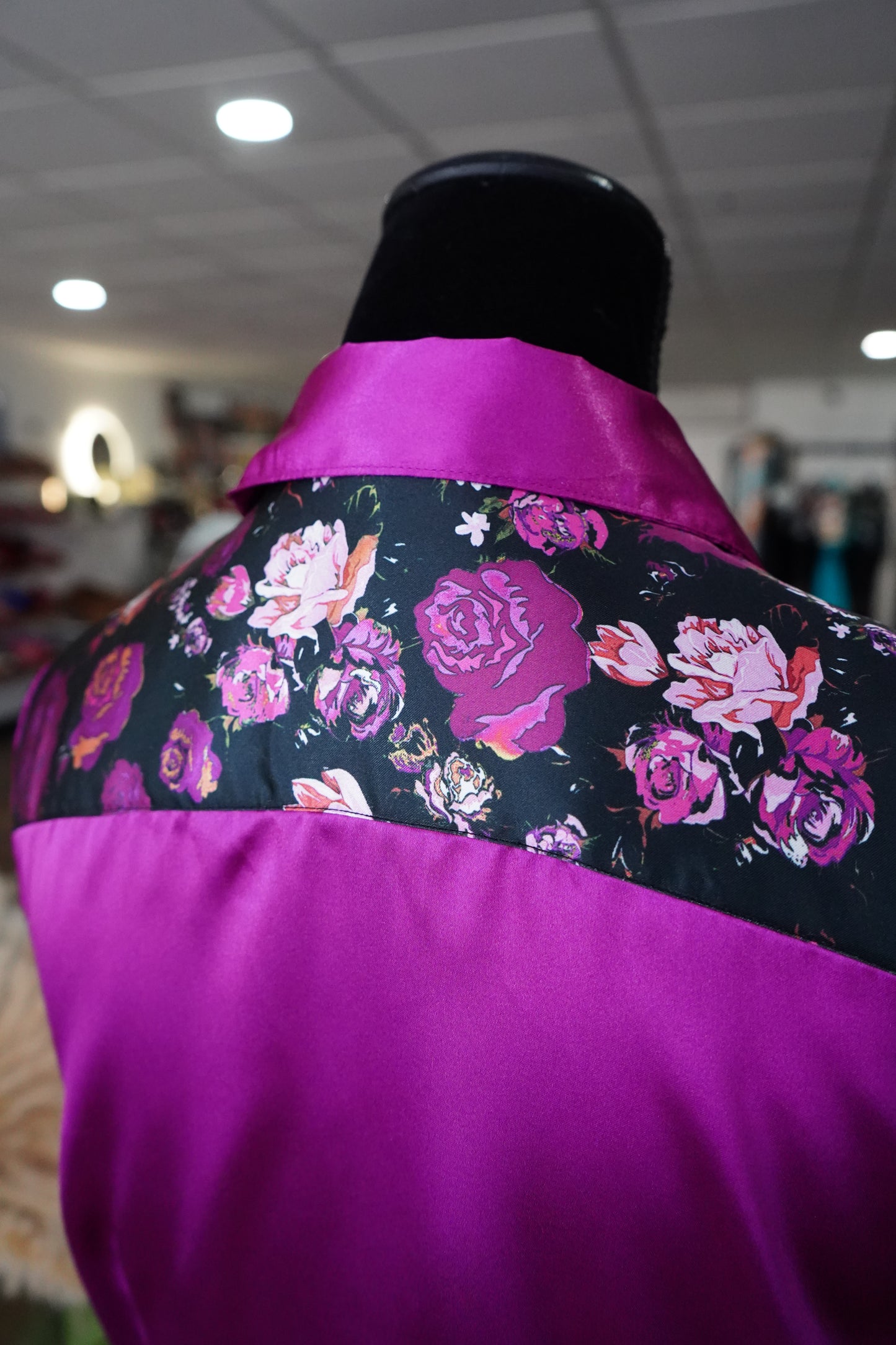 L - Black w/ Magenta Roses on Magenta Satin Button Down