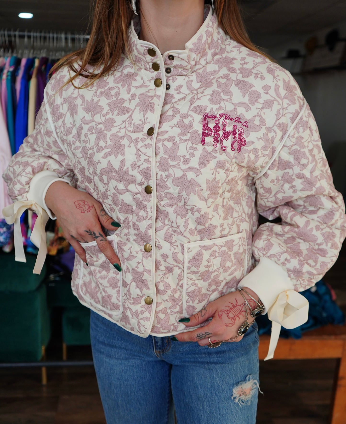 Daisy Spade Embroidered Pink Floral Quilted Bow Tie Jacket