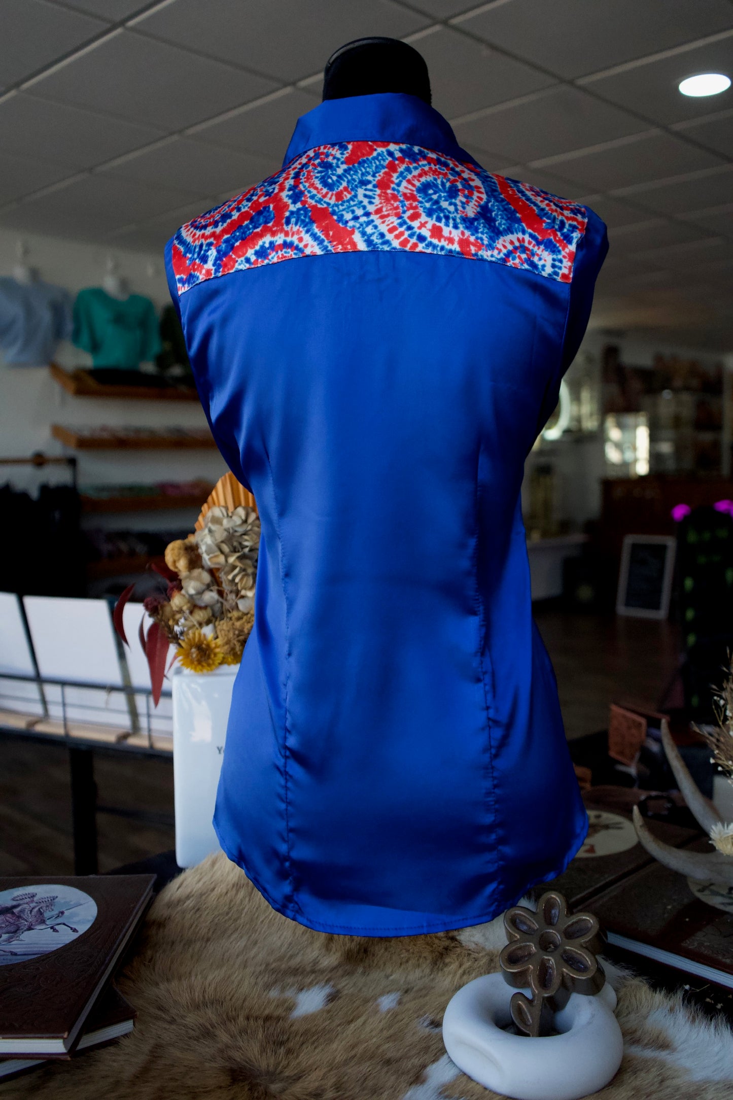 2XL - Royal Blue Satin w/ Patriotic Tie Dye Button Down