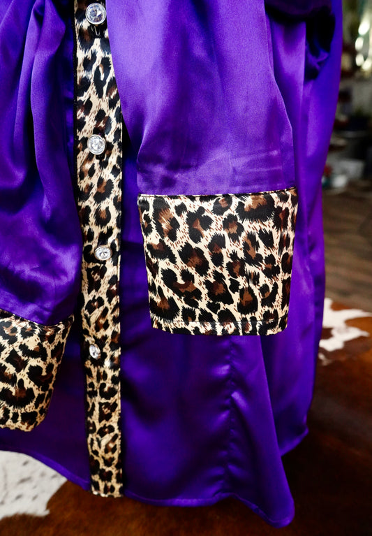 XL - Cheetah on Purple Satin Button Down