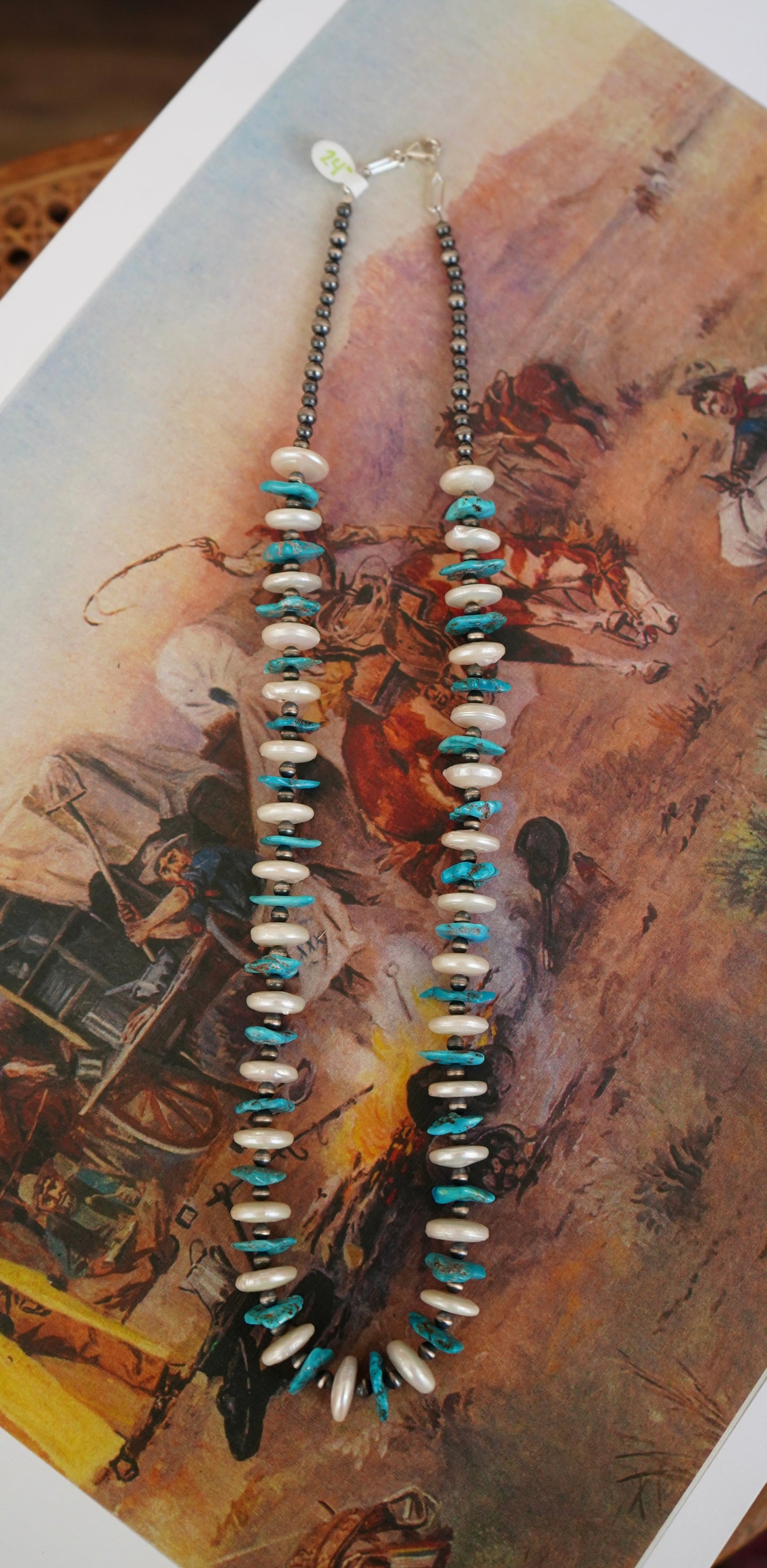 Turquoise & MOP Chips w/ Sterling Silver Pearls Necklace - 24”
