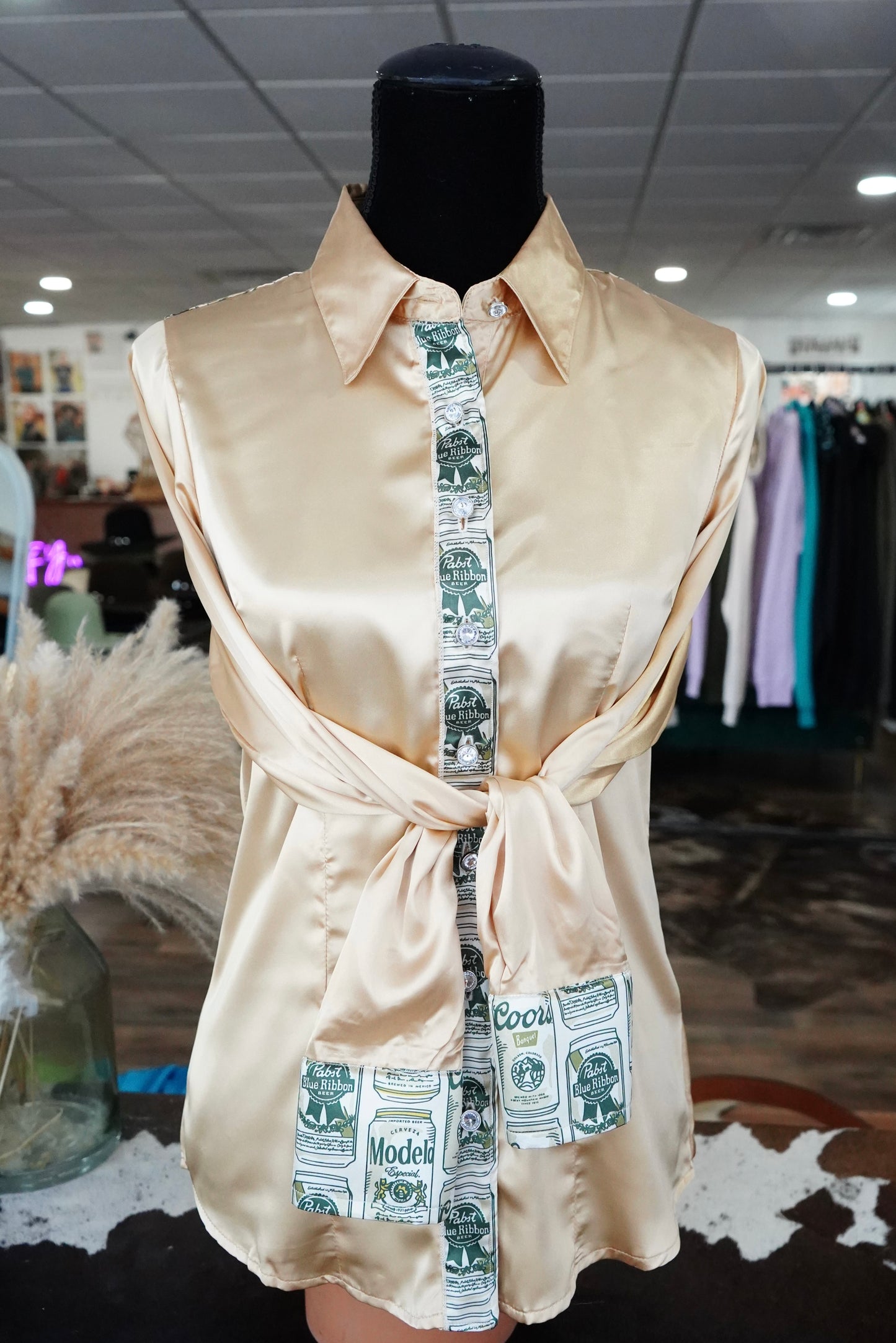 M - Beer Me on Gold Satin Button Down