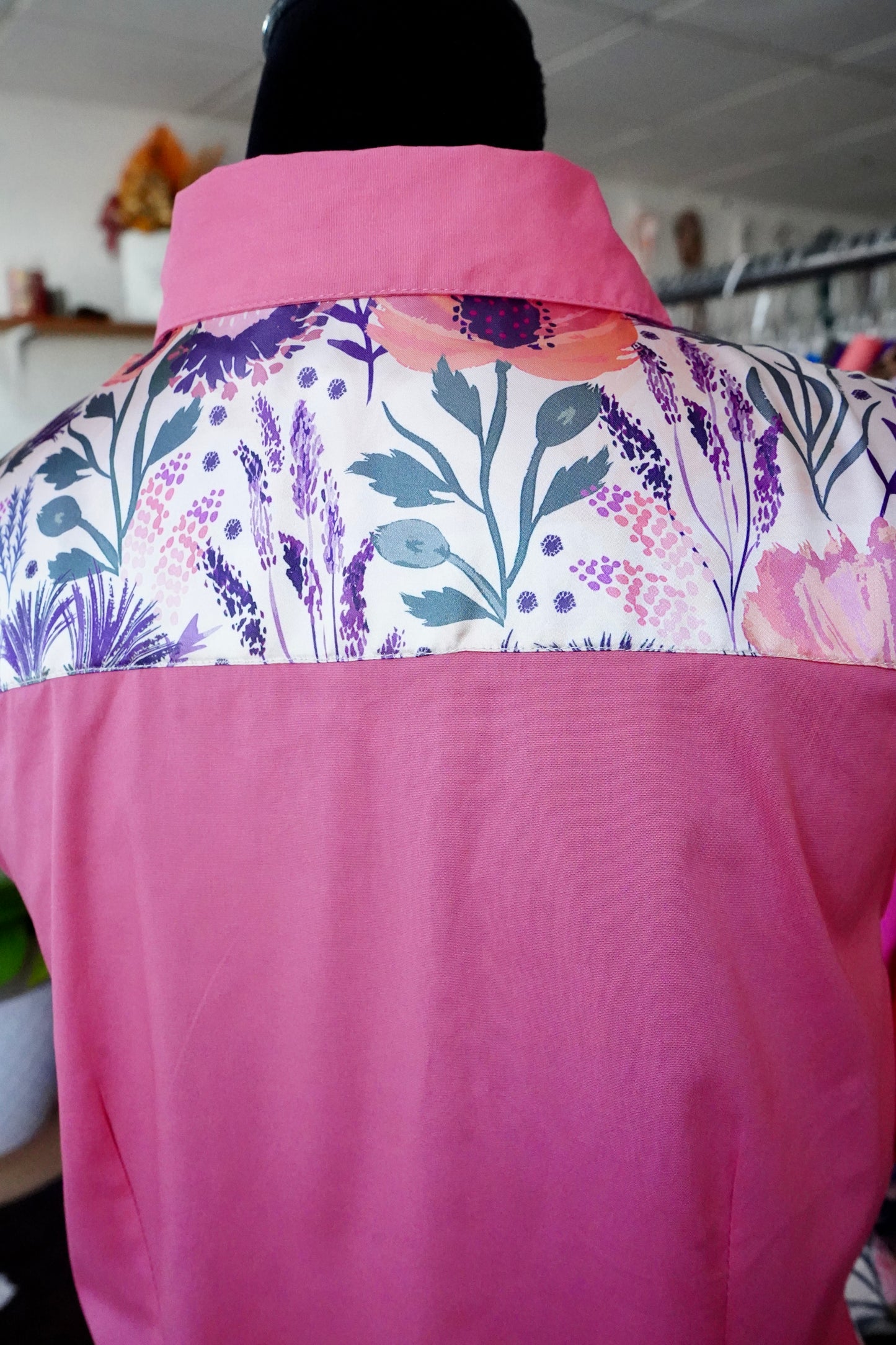 XL - Plum & Coral Floral on Hot Coral Button Down