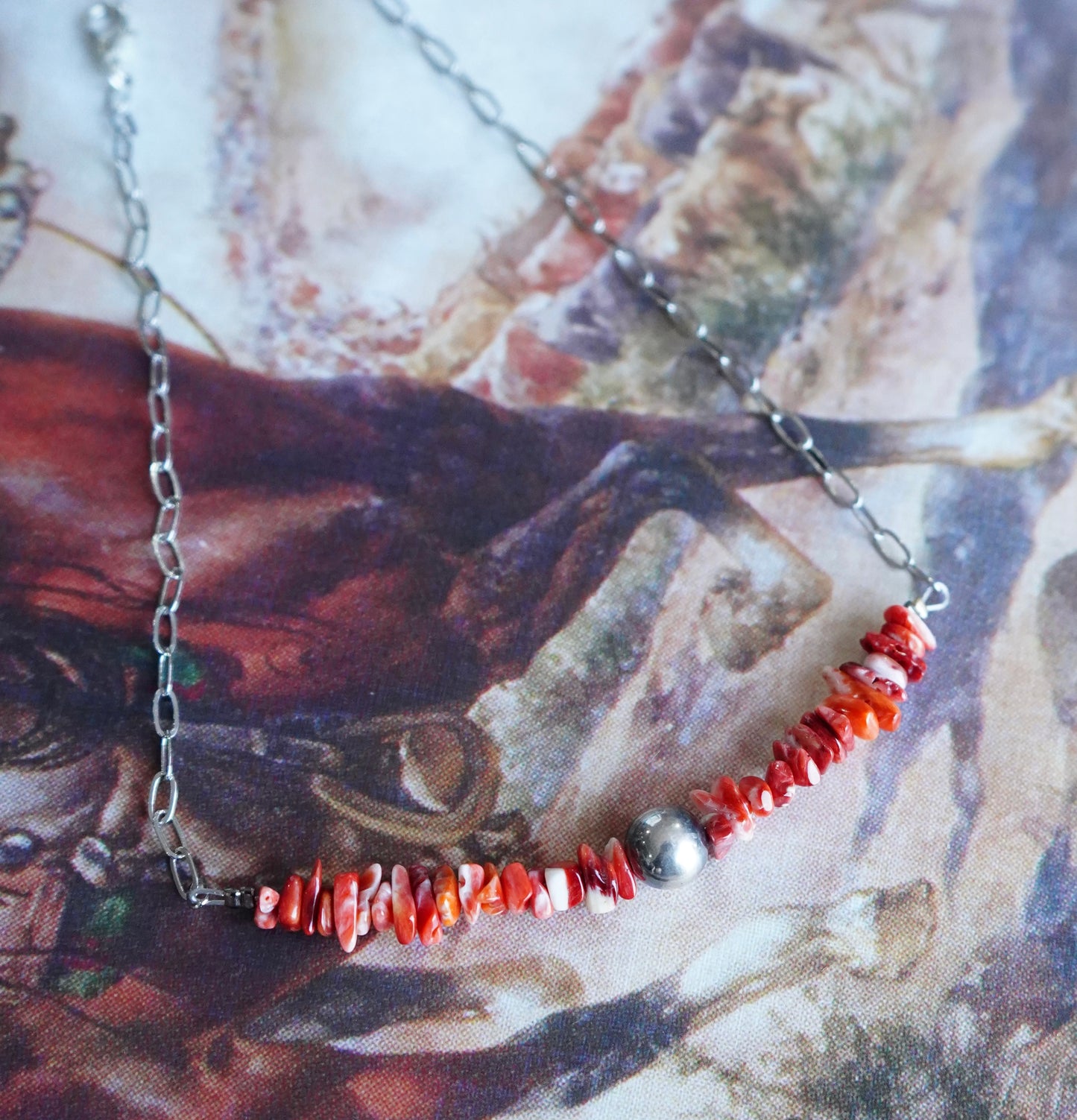 Orange Spiny Chips w/ Sterling Silver Pearl Necklace