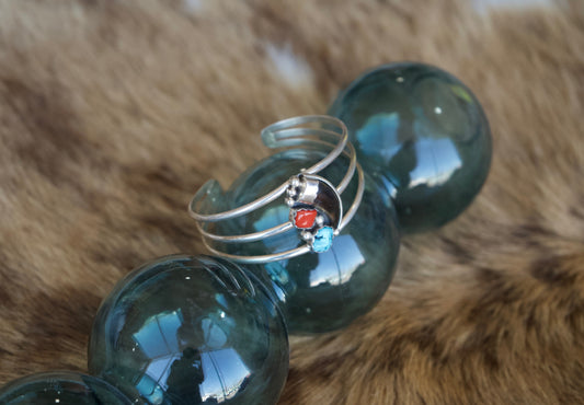 Turquoise, Red Coral & Coyote Claw Cuff