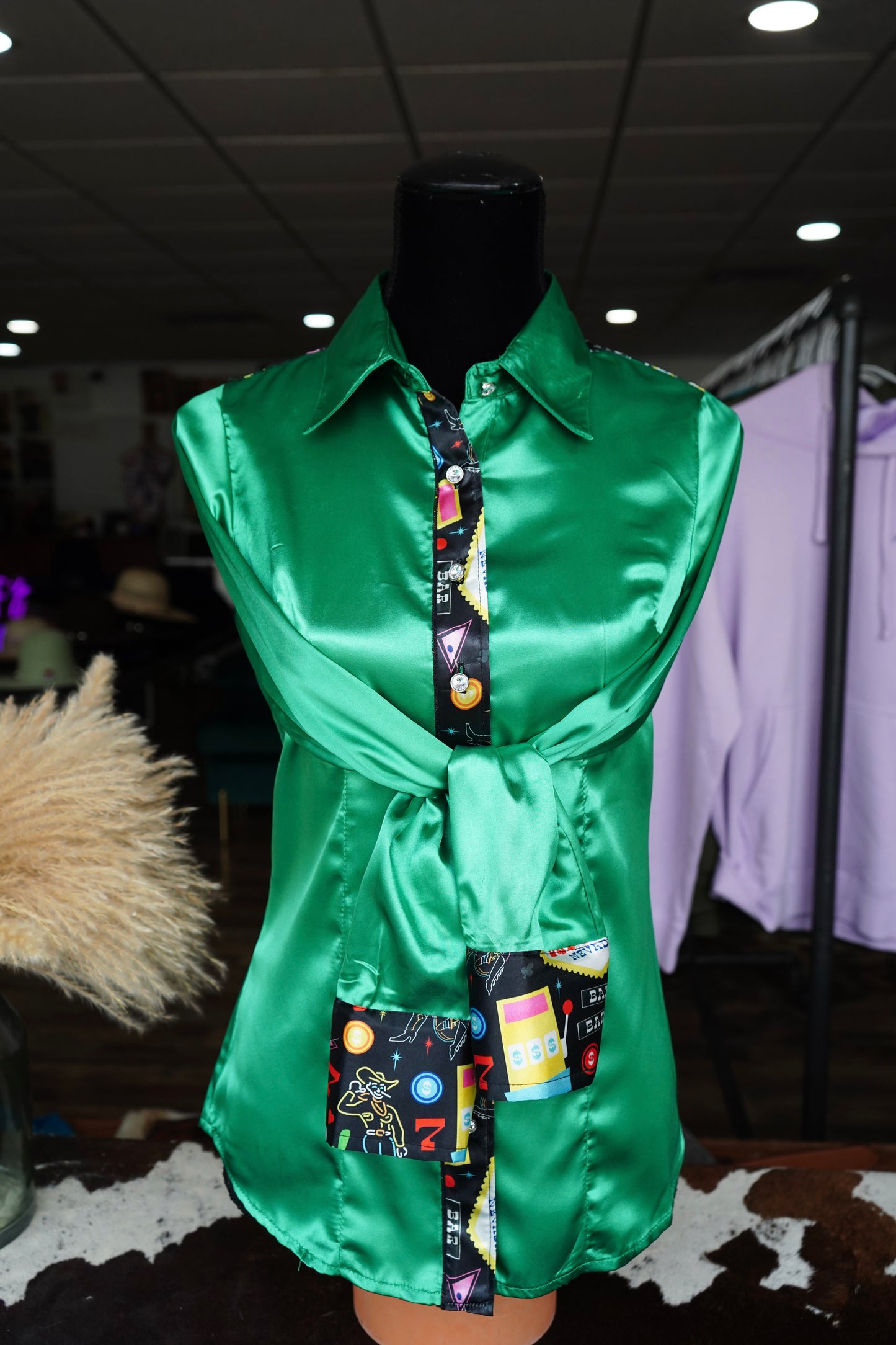 S - Black Vegas on Kelly Green Button Down