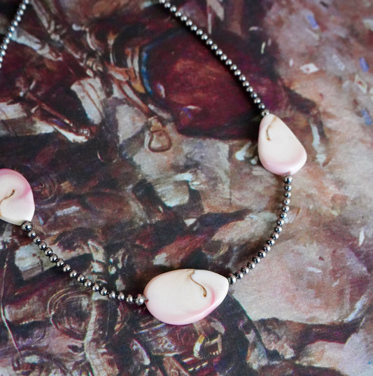 Sterling Silver Pearls w/ 3 Stone Pink Conch Necklace