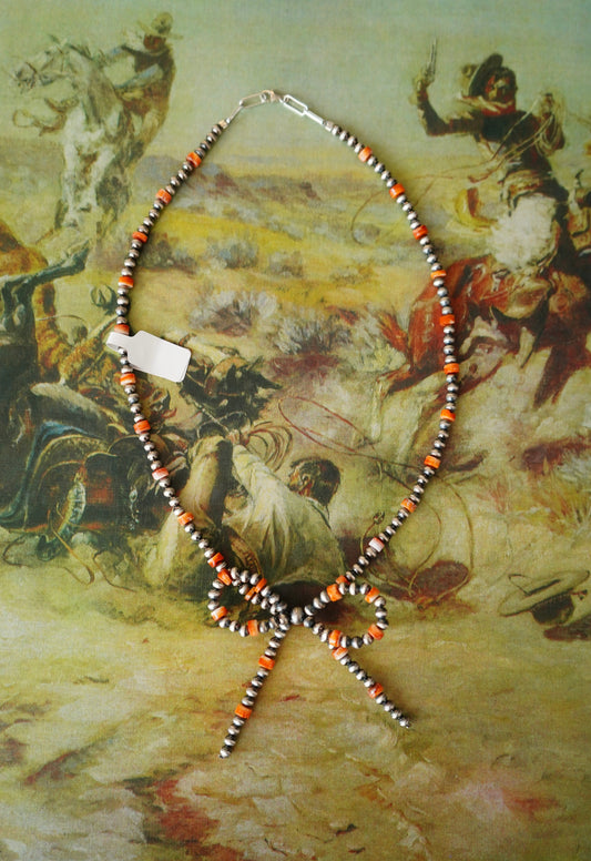 Sterling Silver Pearls & Orange Spiny Bow Necklace