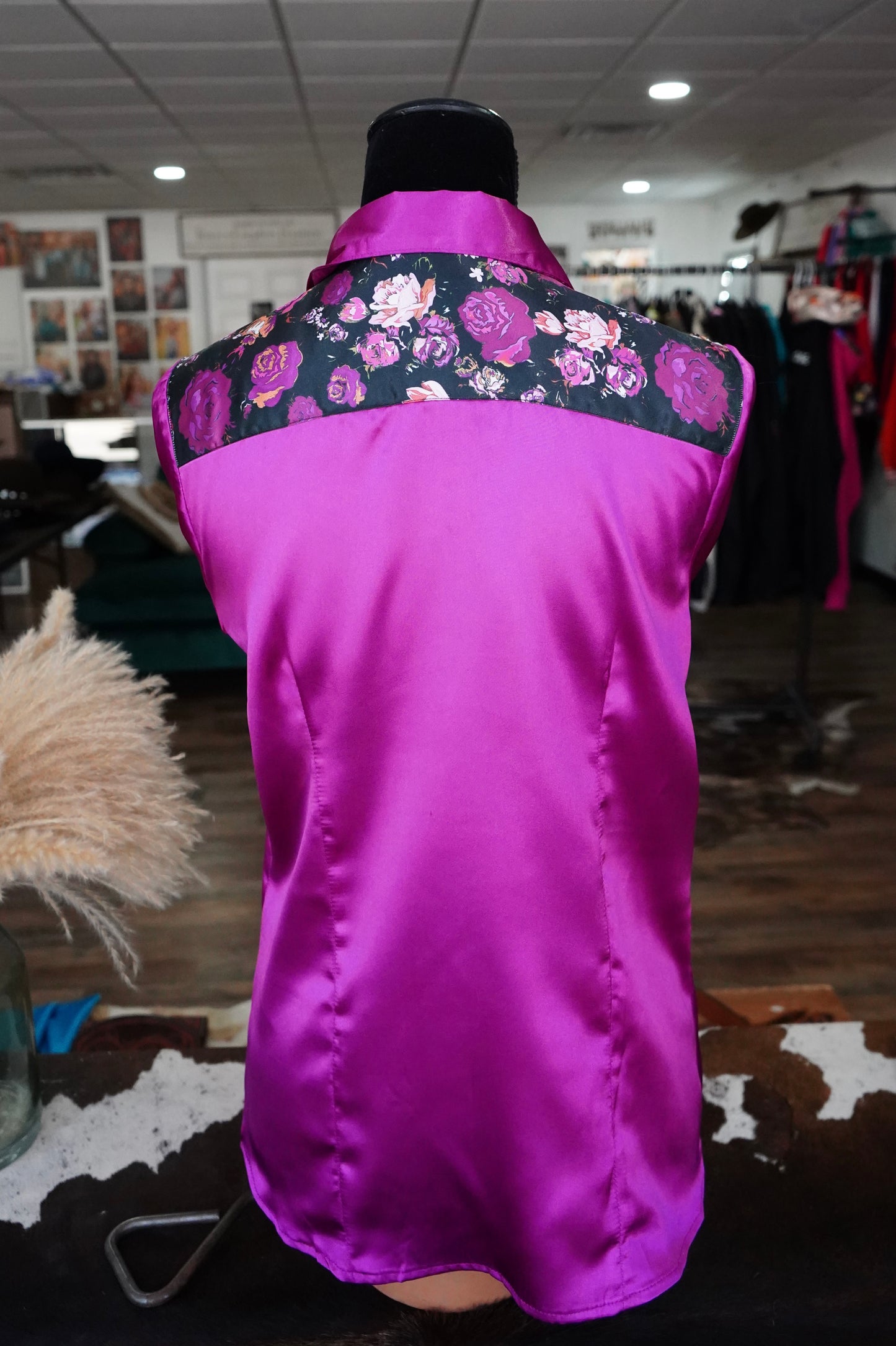 L - Black w/ Magenta Roses on Magenta Satin Button Down