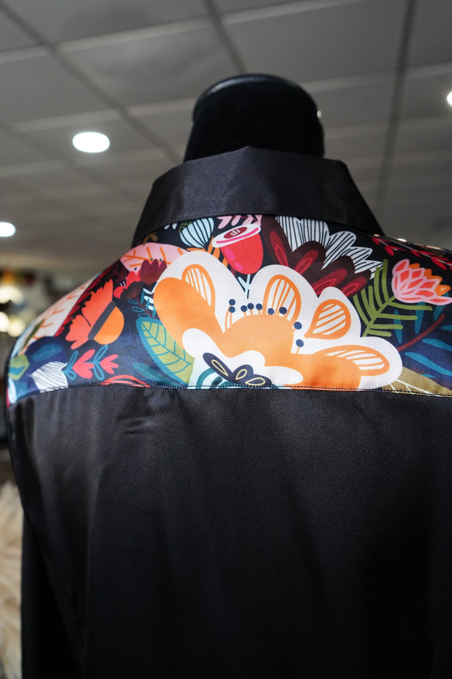 L - Black Painted Wildflowers on Black Satin Button Down