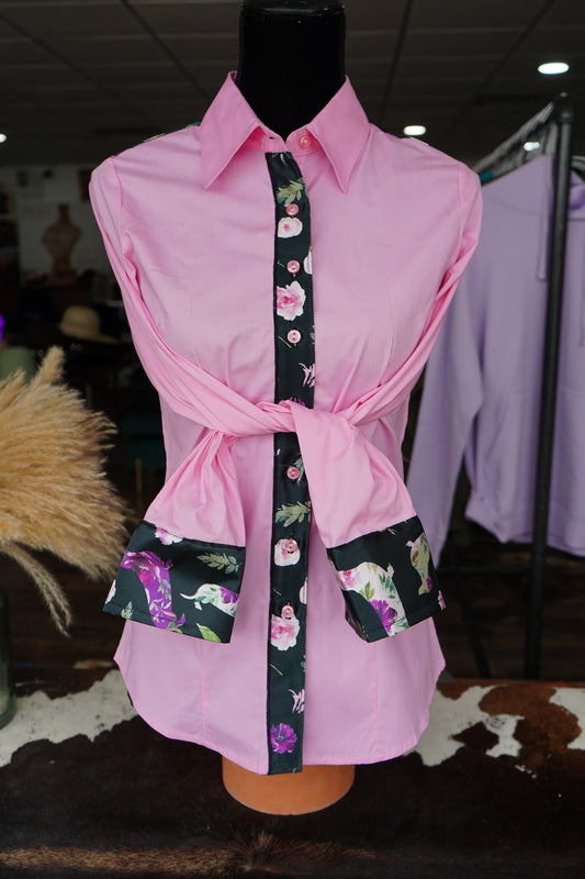M - Black Floral Weenie Dawgs on Light Pink Cotton Button Down