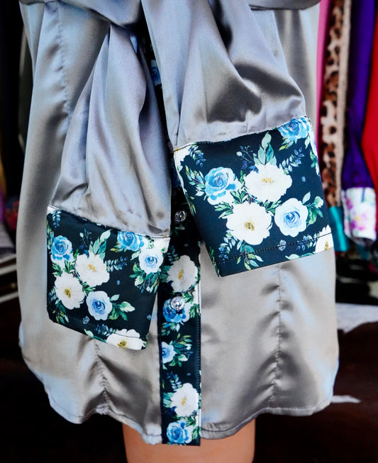 S - Black w/ Blue & White Roses on Silver Satin Button Down