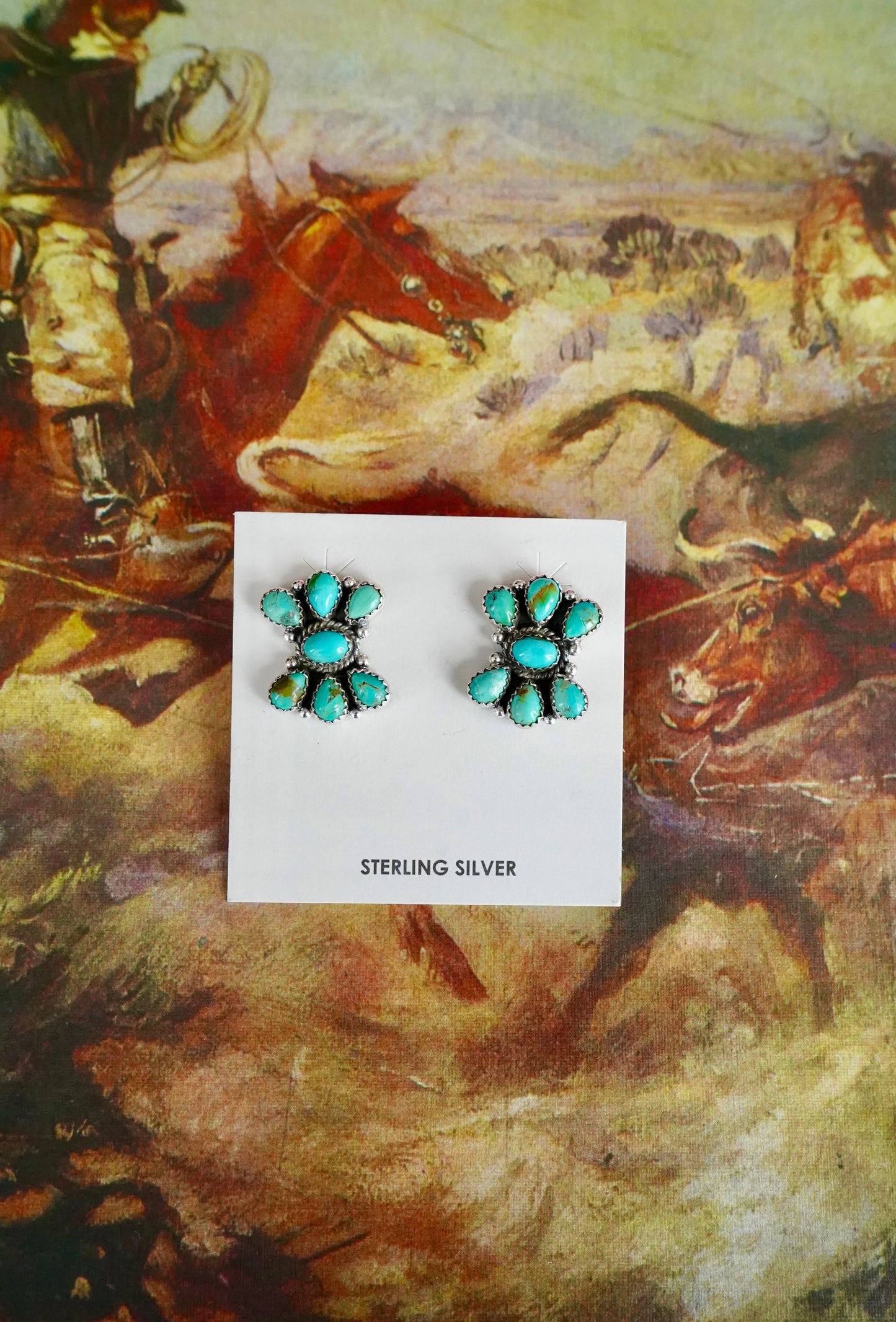 7 Stone Kingman Turquoise Cluster Stud Earrings