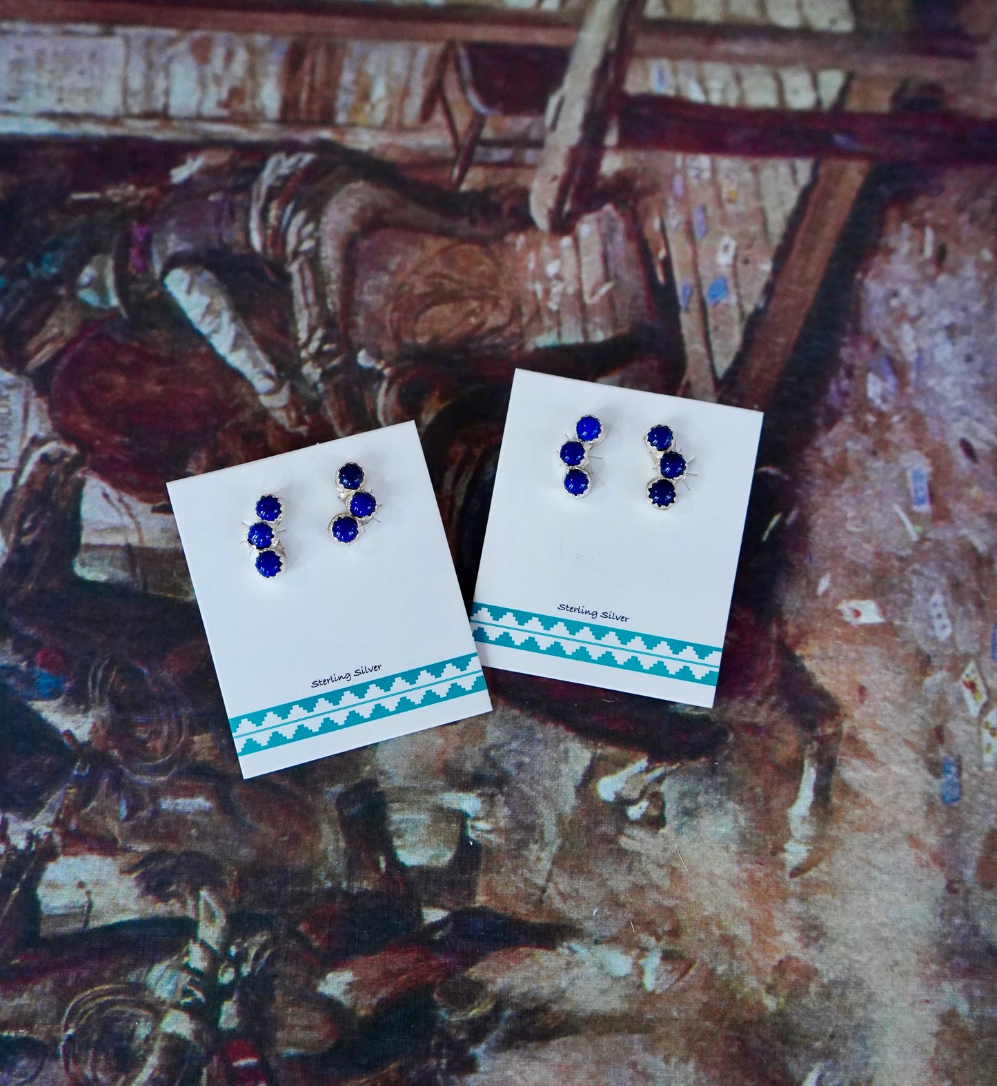 Janice Spencer 3 Stone Lapis Stud Earrings