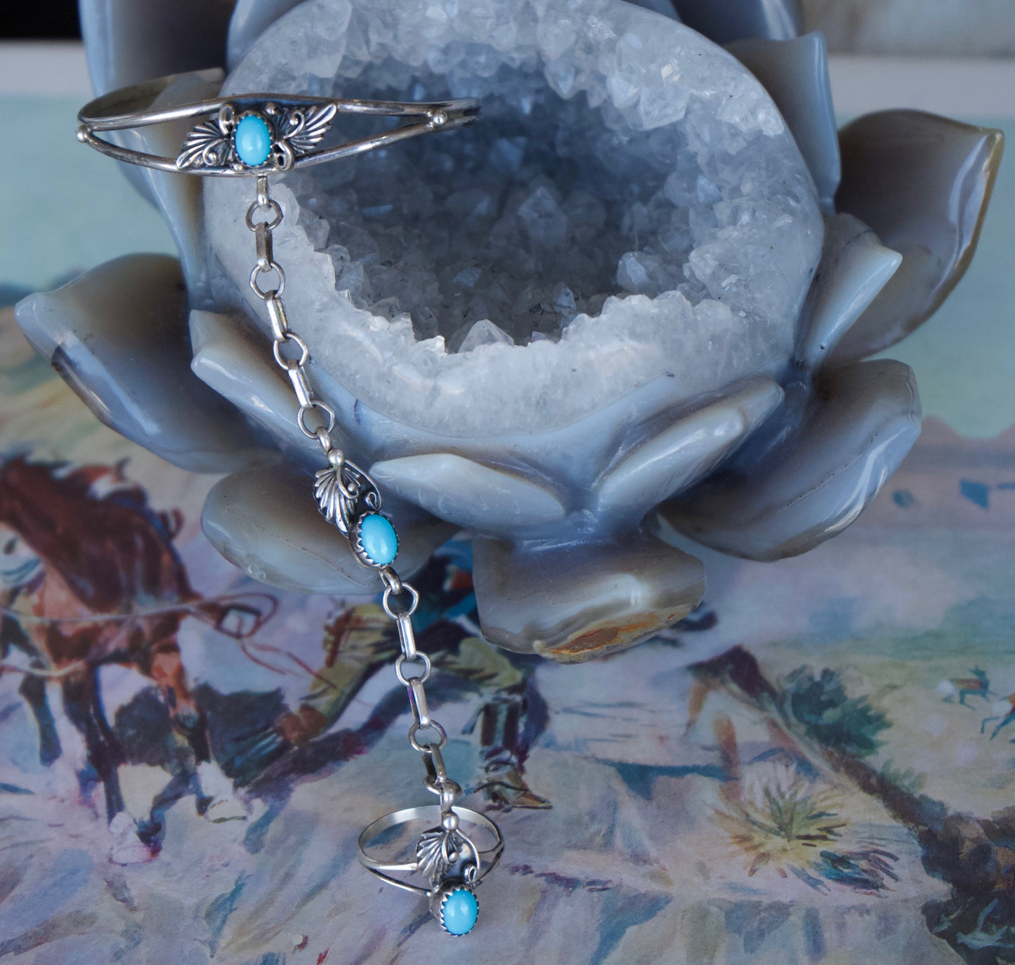 Lariat Bracelet - Dainty Turquoise w/ Silver Leaves Sz 7