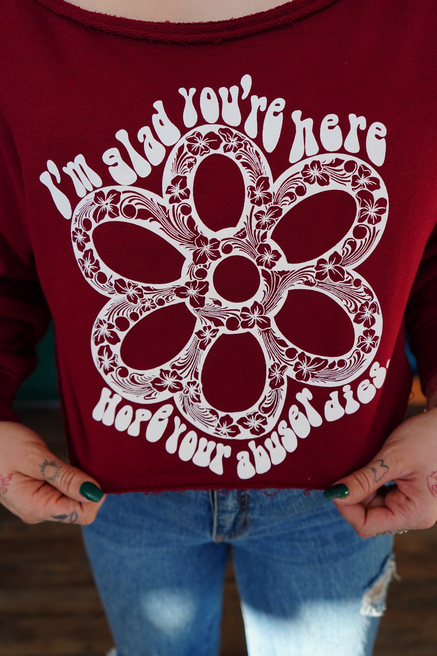 Daisy Hope - Maroon French Terry Boatneck Crop Top