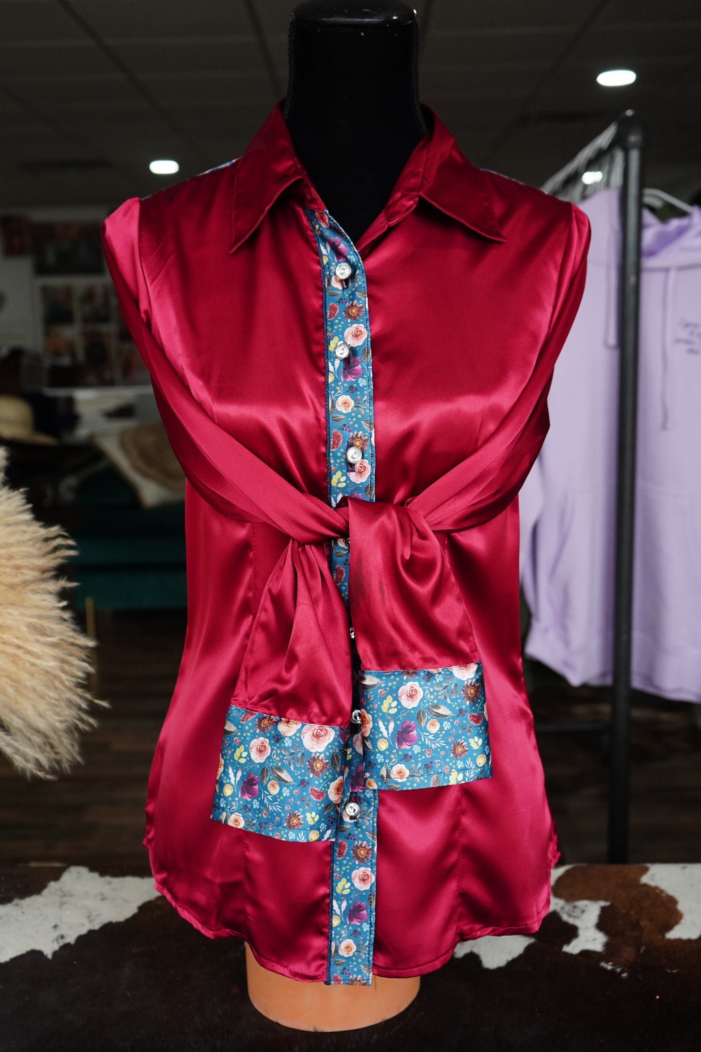 M - Turquoise Rustic Floral on Burgundy Button Down