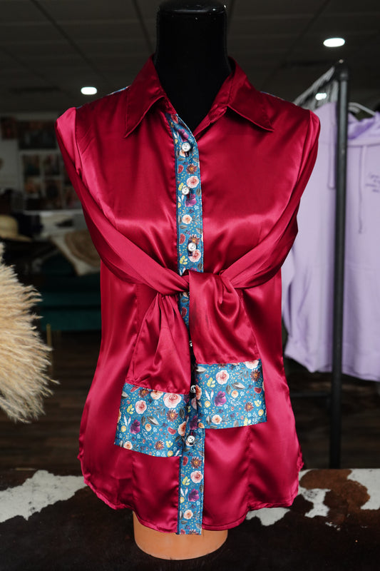 M - Turquoise Rustic Floral on Burgundy Button Down