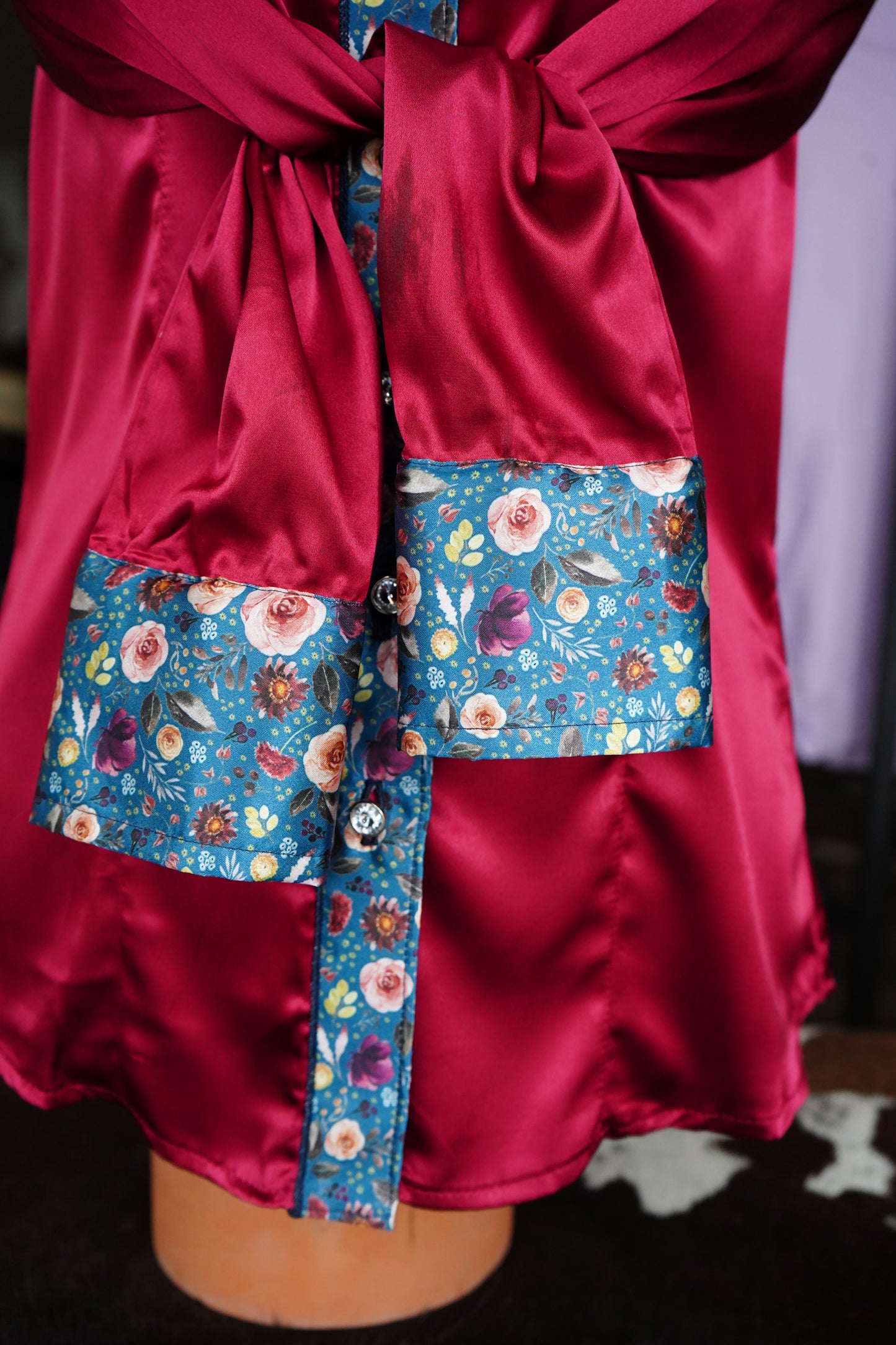 M - Turquoise Rustic Floral on Burgundy Button Down