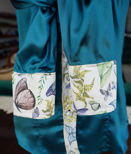 S - Butterflies & Leaves on Teal Satin Button Down