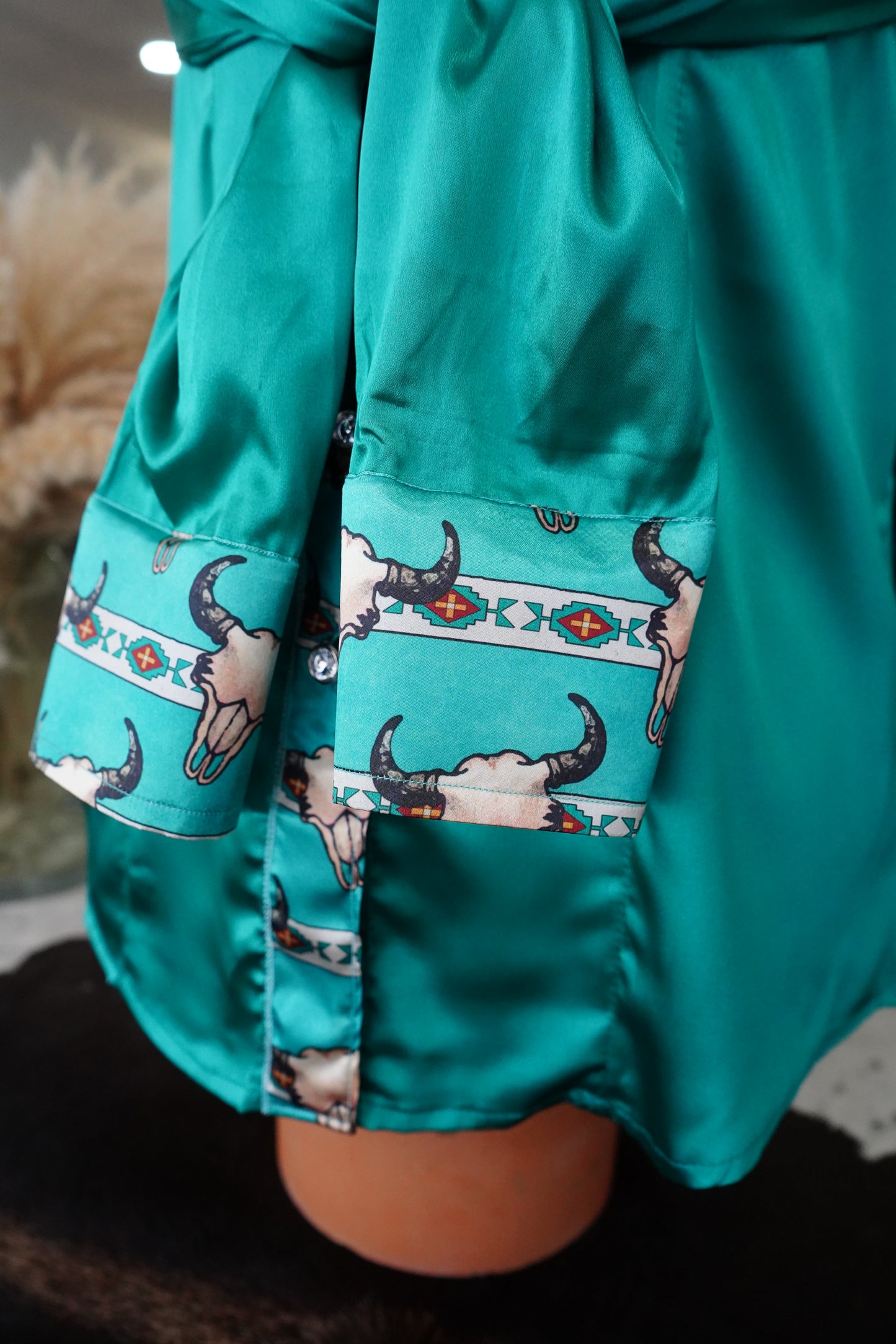 M - Turquoise Aztec Steer Heads on Emerald Satin Button Down