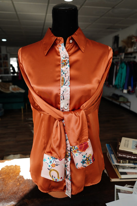 M - Light Pink Western Floral on Rust Satin Button Down