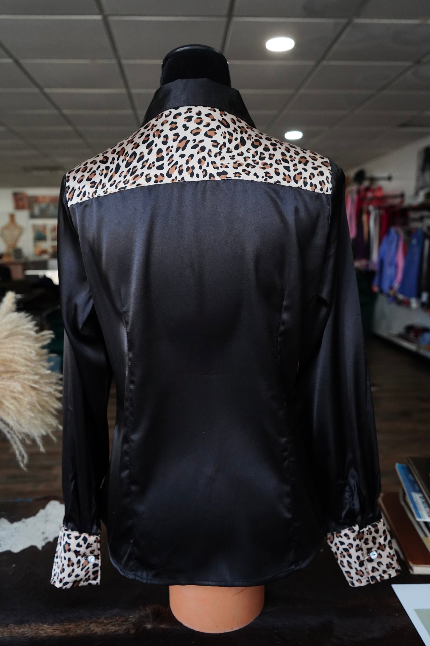 L - Cheetah on Black Satin Button Down