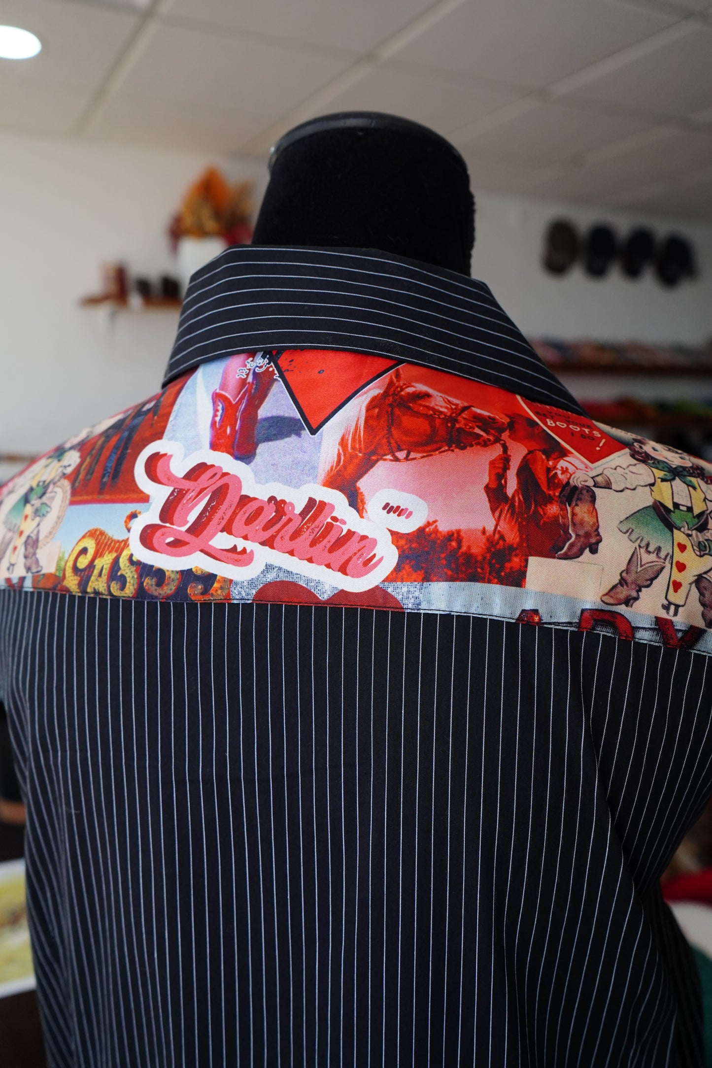 2XL - Cowboy Love on B/W Pinstripe Cotton Button Down