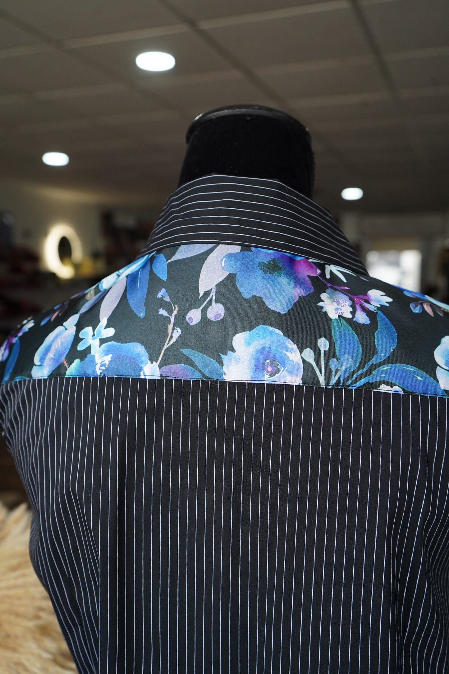 L - Watercolor Blue Floral on B/W Striped Cotton Button Down