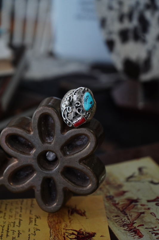 Vintage Turquoise & Red Coral w Silver Leaf Mens Ring - Sz 13