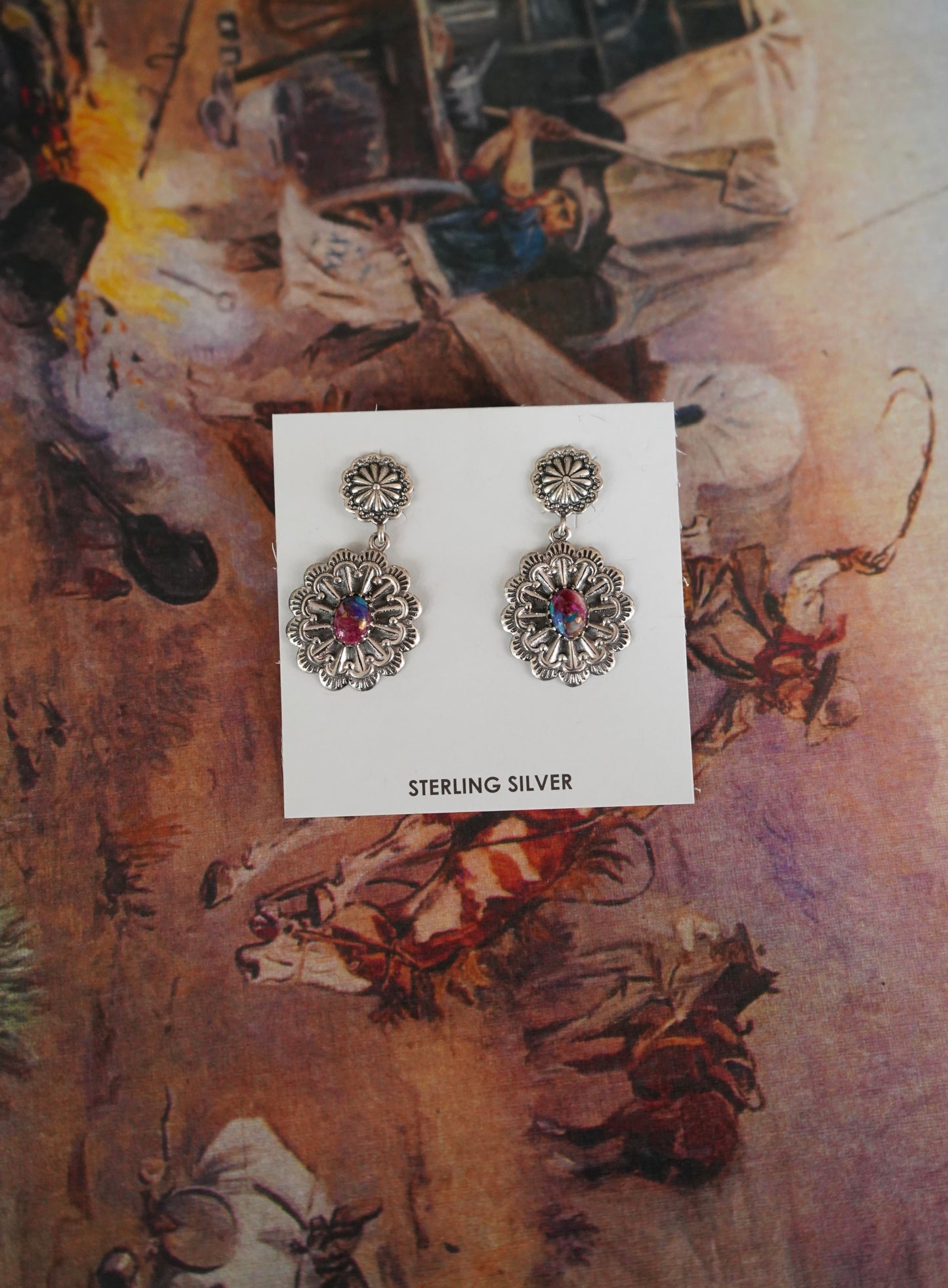 Pink Dahlia Dangly Concho Stud Earrings
