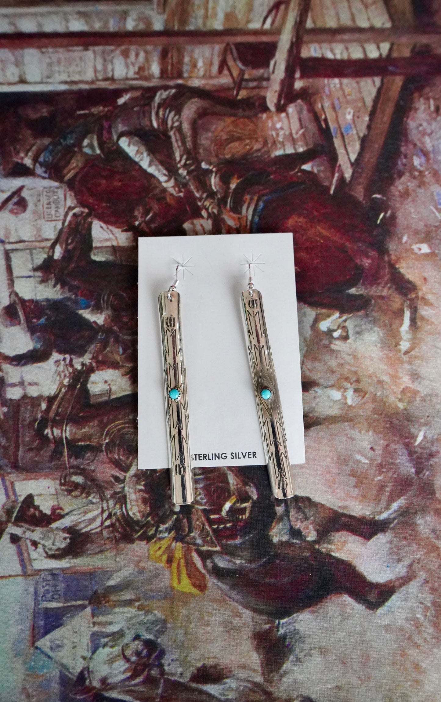 Florence Tahe Turquoise Aztec Stamped Fish Hook Earrings