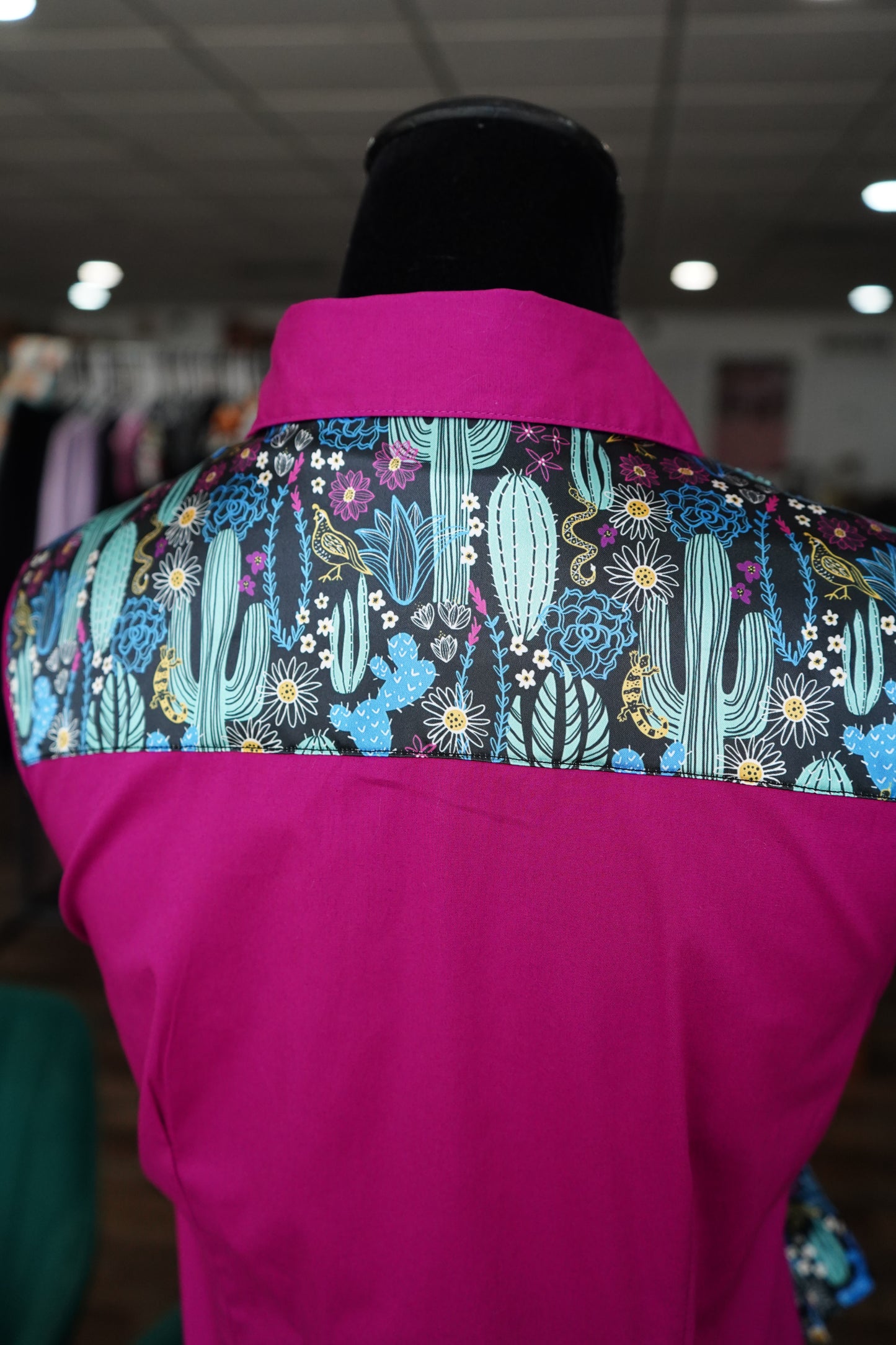 M - Magenta & Turquoise Cactus on Magenta Cotton Button Down