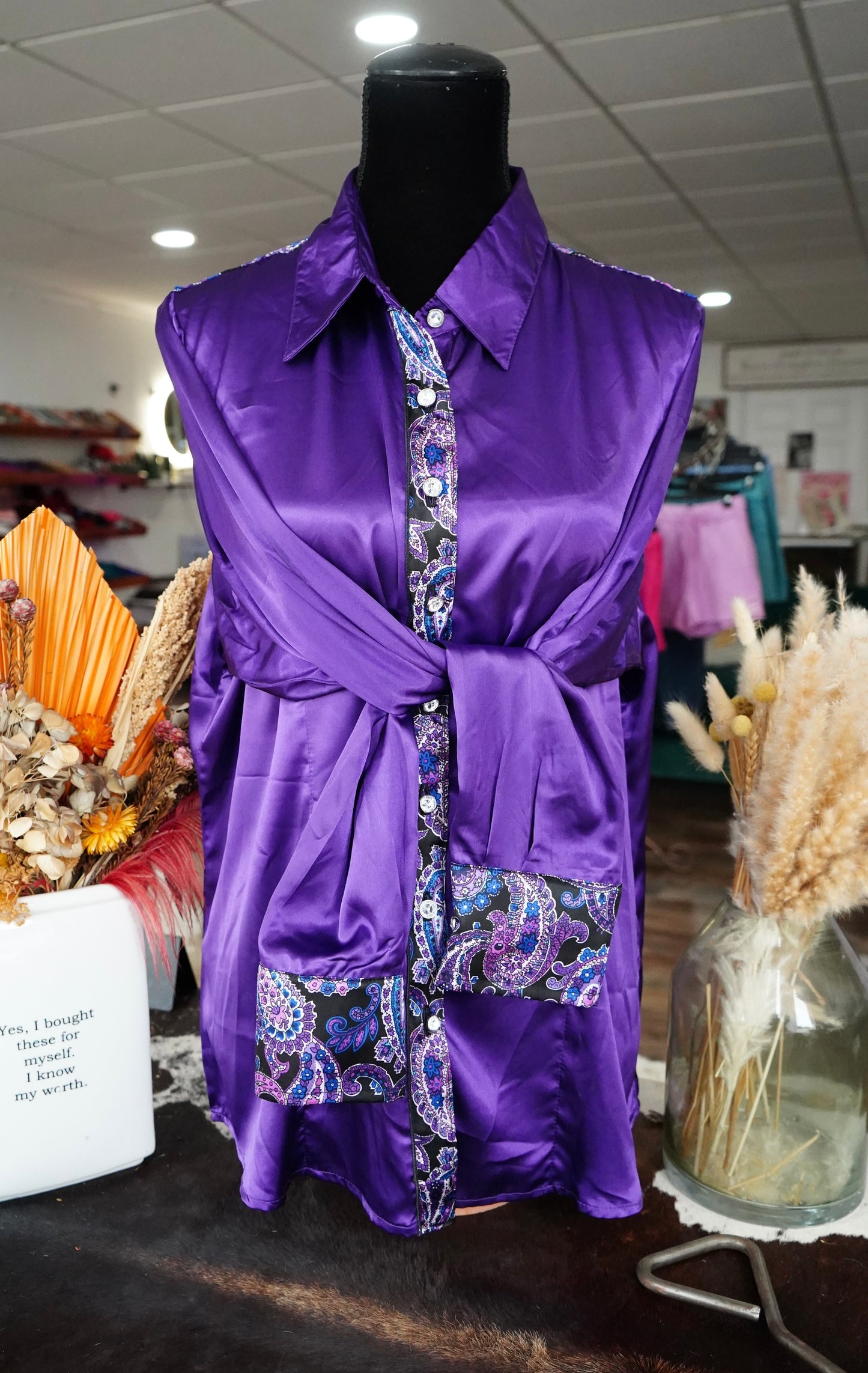 3XL - Purple Satin w/ Black & Purple Paisley Button Down