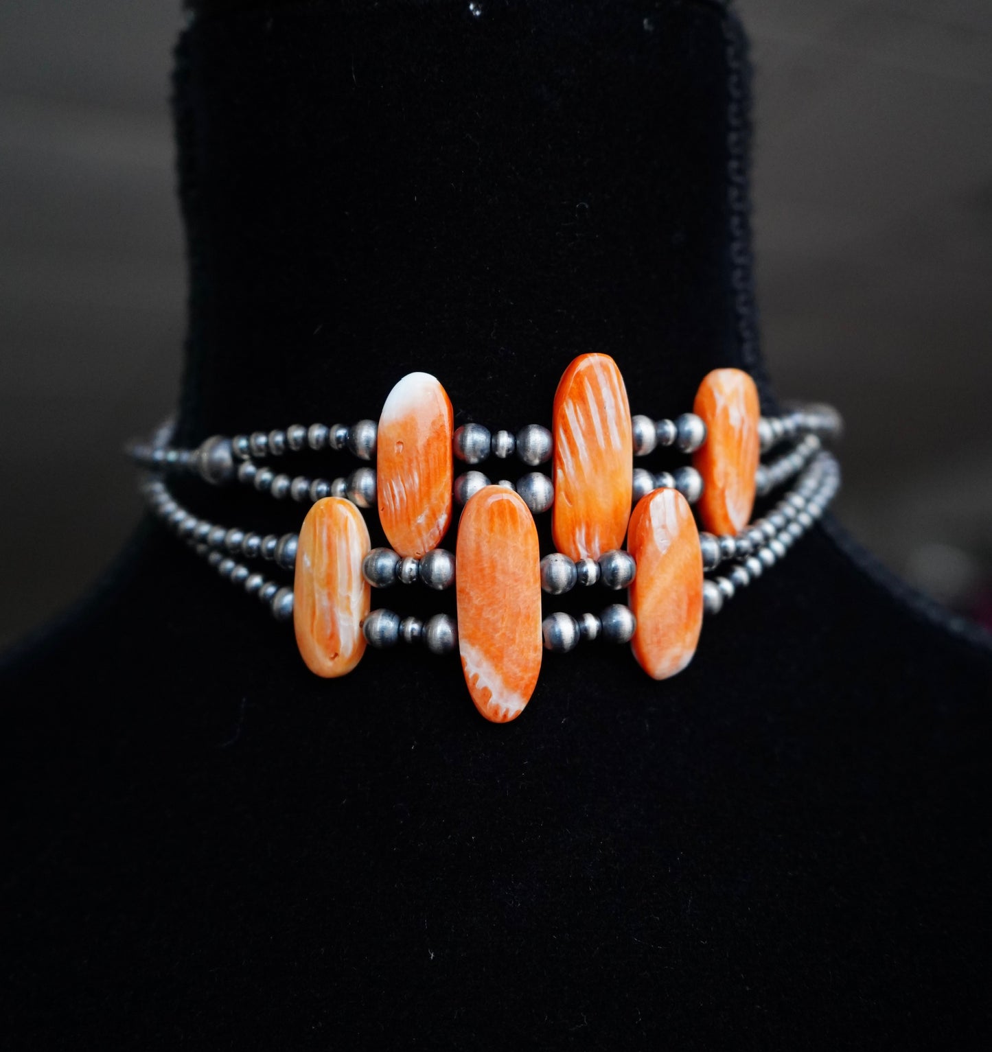 3 Stone Orange Spiny Double Sterling Silver Pearl Strand Chokers