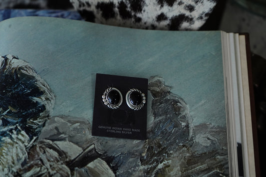 Round Vintage Black Onyx Clip On Earrings