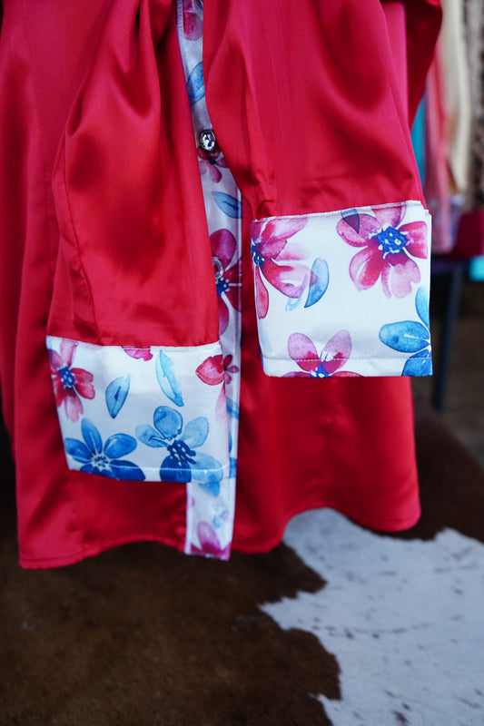 2XL - Patriotic Flowers on Red Satin Button Down