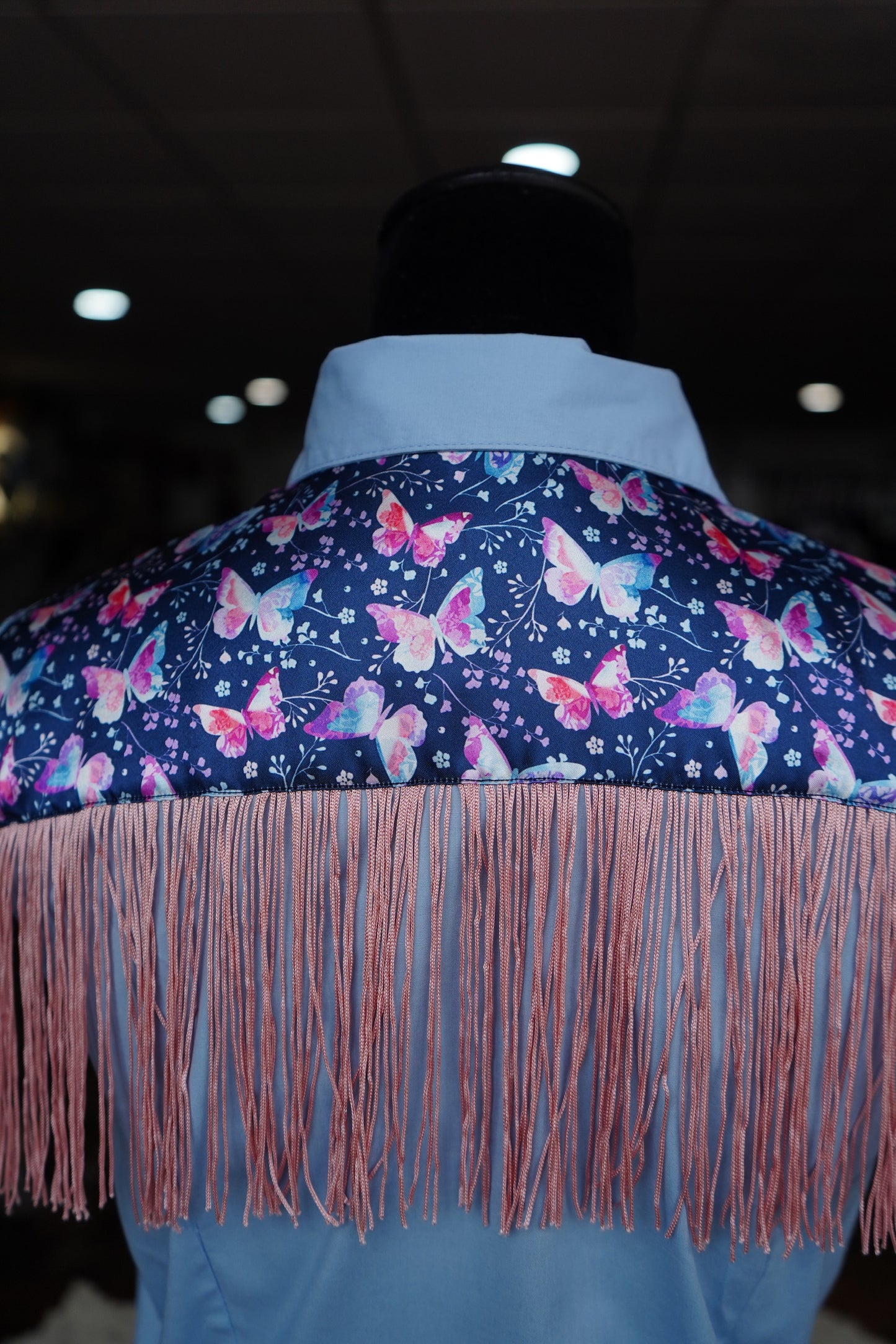 L - Pink Watercolor Butterflies w/ Pink Fringe on Baby Blue Cotton Button Down