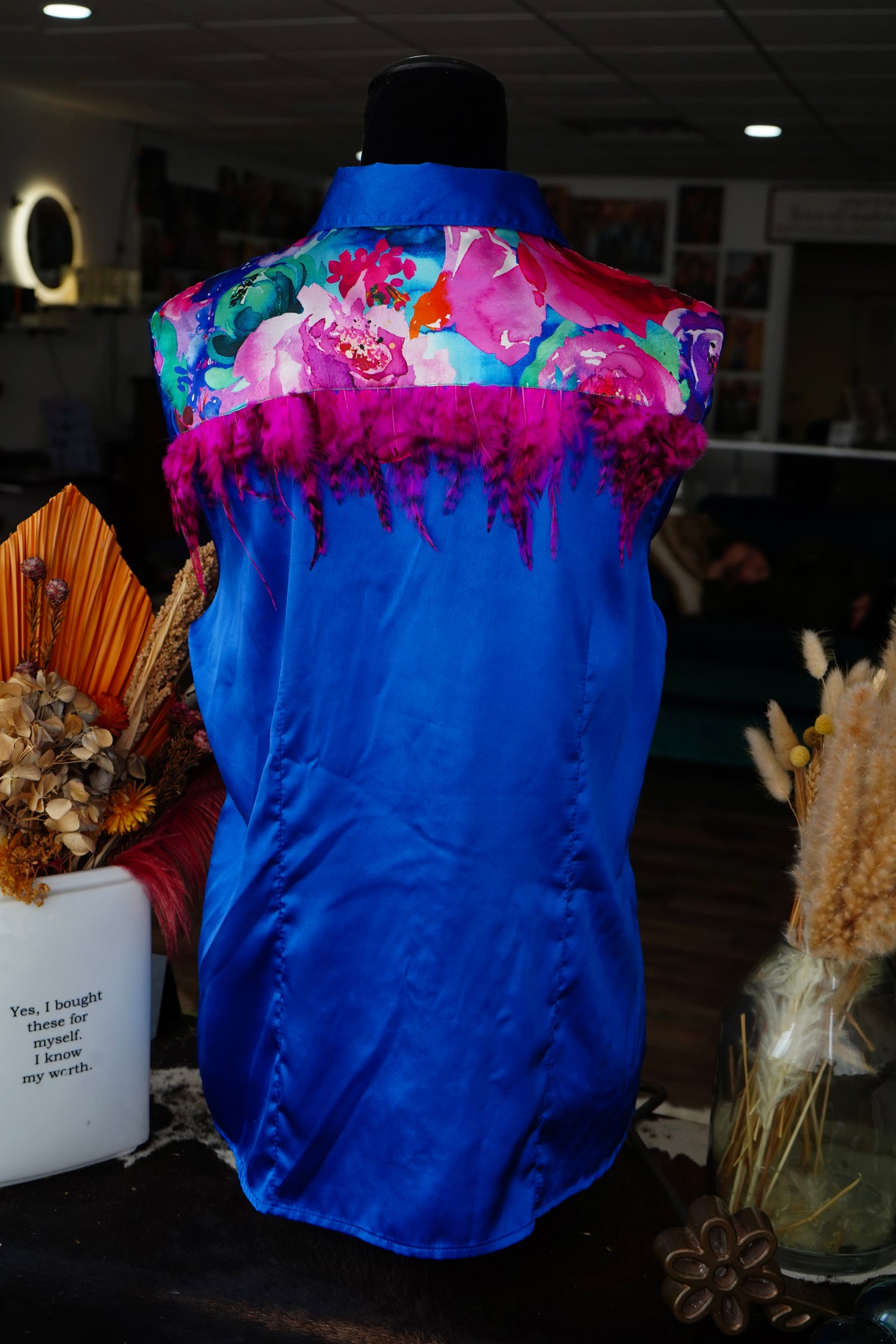 PRELOVED - XL - Royal Blue w/ Watercolor Floral & Feathers Button Down
