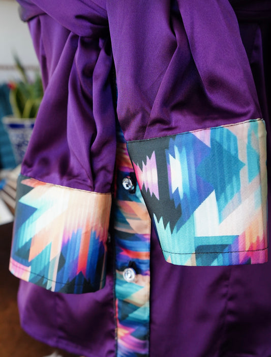 S - Kaleidescope on Purple Satin Button Down