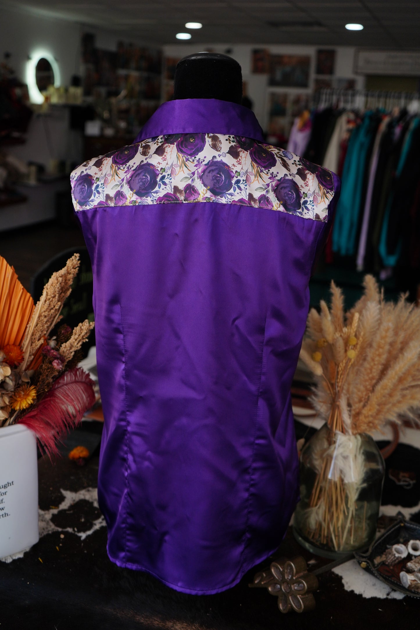 XL - Purple Satin w/ Plum Roses Button Down
