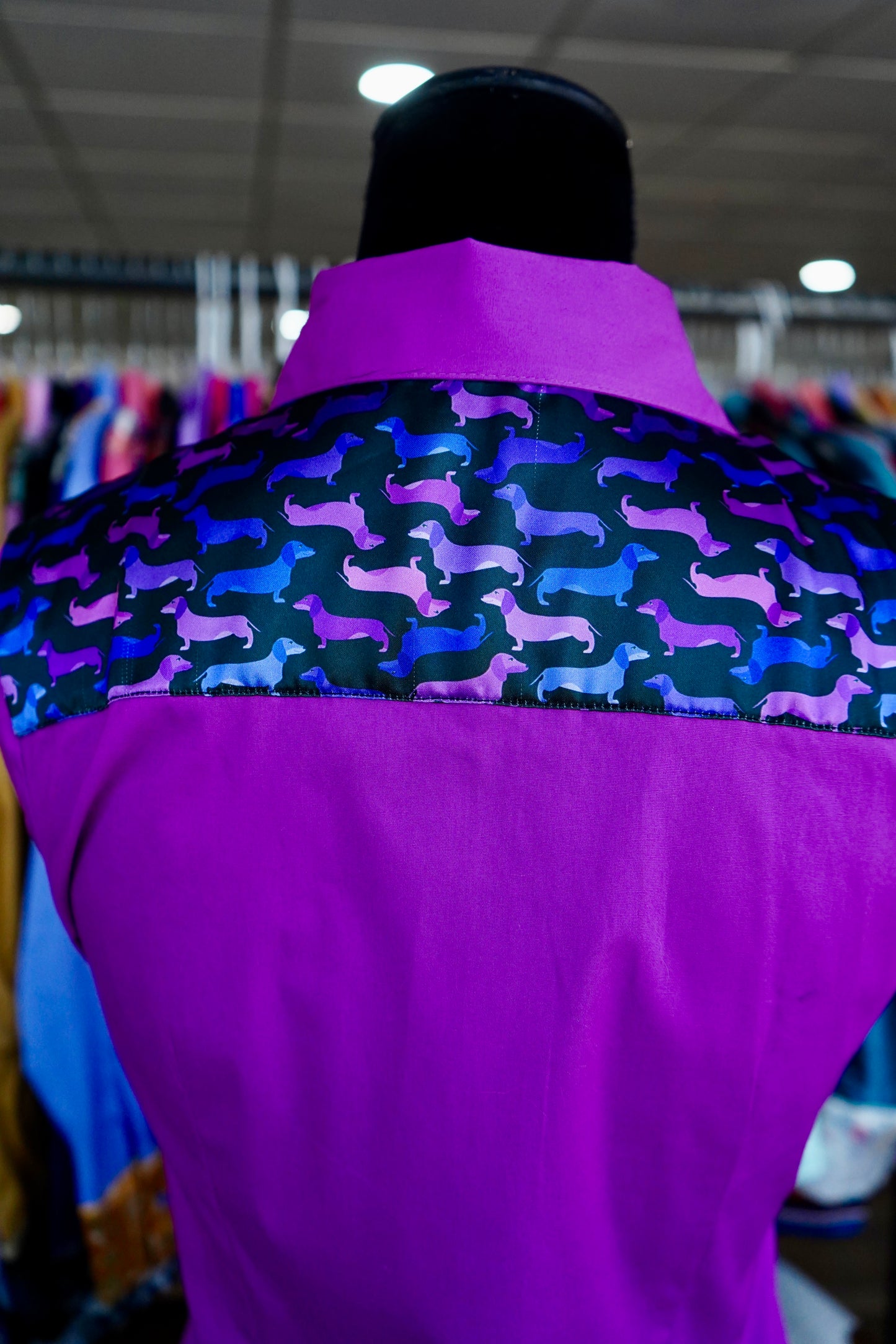L - Purple, Pink & Blue Weenie Dogs on Magenta Cotton Button Down