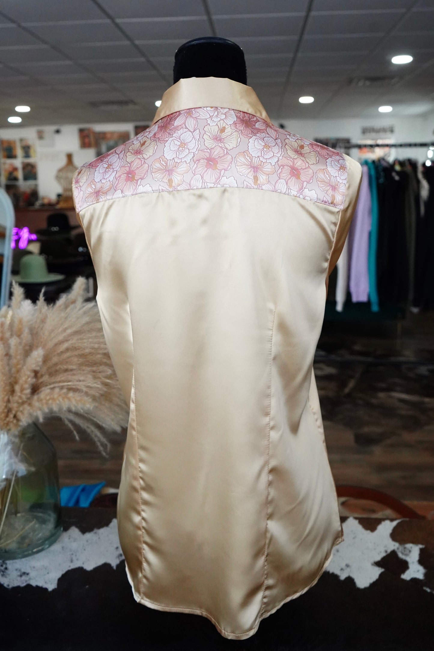 L - Pastel Hibiscus on Gold Satin Button Down