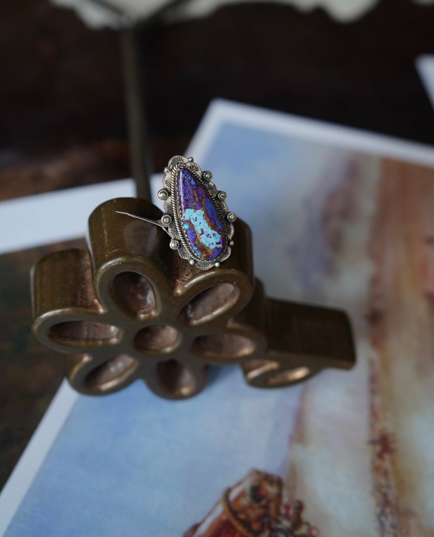 Turquoise Teardrop w/ Bead Border Rings - Adj